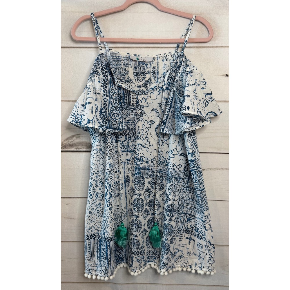 Bindu Women Blue White Block‎ Print Cold Shoulder Pom Pom Tassel Dress Medium